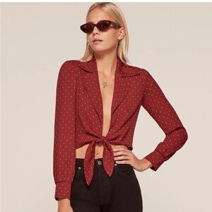 Reformation Polka Dot Tie Front Blouse XS Retro Coquette Girl Cottagecore Chic